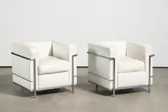 Cassina, Paar Sessel LC2, Metallrohr, verchromt, weißes Leder