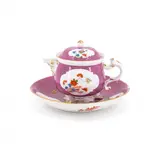 Cremetopf und Unterschale mit Purpurfond und Kakiemondekor by Meissen, Um 1740, Porzellan, farbig staffiert, gold akzentuiert, sold May 2024