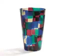 Venini & C, Vase "Pezzato", Farbloses Glas mit aufgeschmolzenen Rechtecken in Blau, Rot und Grün