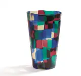 Venini & C, Vase "Pezzato", Farbloses Glas mit aufgeschmolzenen Rechtecken in Blau, Rot und Grün