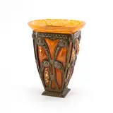 Art Déco Vase mit Metallmontierung by Daum Frères and Louis Majorelle, Um 1930/40, Farbloses Glas, partiell orangene Pulvereinschmelzungen, Goldfolie, sold May 2024