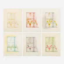 Six works from The Virgin suite by Timothy Isham, 1978, screenprint and lithograph in colors with hand-colored pastel additions, sold Aug 2023