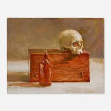Fredric Dalkey, Skull with Bottle, 1994, oil on canvas laid to panel