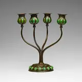 Candelabrum by Tiffany Studios, c. 1910, patinated bronze, hand-blown glass, sold Apr 2025
