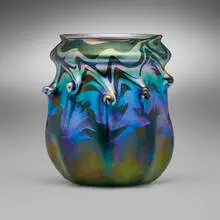Decorated vase by Tiffany Studios, c. 1898-1900, hand-blown Favrile glass, sold Apr 2025