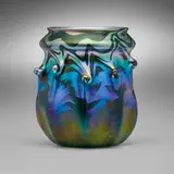 Decorated vase by Tiffany Studios, c. 1898-1900, hand-blown Favrile glass, sold Apr 2025