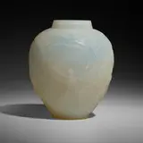 Archers vase by René Lalique, c. 1921, topaz glass with white patina, sold Apr 2025