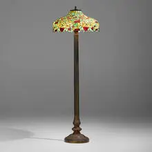 Chicago Mosaic, Floor lamp with cherries, c. 1910, patinated and enameled metal, patinated brass, leaded glass