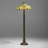 Chicago Mosaic, Floor lamp with cherries, c. 1910, patinated and enameled metal, patinated brass, leaded glass