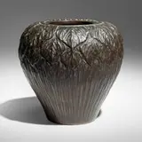 Tiffany Studios, Rare Favrile Bronze Pottery vase with leaves, c. 1910, glazed earthenware, electroplated and patinated copper