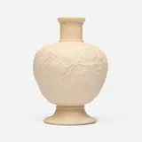 Favrile Pottery vase with leaves by Tiffany Studios, 1904-14, bisque earthenware, glazed interior, sold Apr 2025