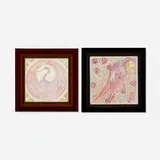Production trivets with crane and parrot, set of two by Rookwood Pottery, 1930, glazed ceramic, sold Mar 2023