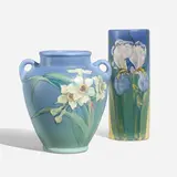 Hudson vases with irises and daffodils, set of two by Ruth Axline and Hester Pillsbury for Weller Pottery, sold Mar 2023