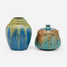 Pierrefonds Pottery, Vase and covered vessel, set of two, c. 1920, crystalline-glazed stoneware
