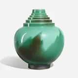 Futura vase, model 391-10 by Roseville Pottery, c. 1928, Black Flambé-glazed earthenware, sold Mar 2023