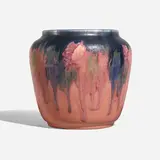 Decorated Mat/Double Vellum vase with drip-glaze over stylized flowers by Charles Jasper McLaughlin for Rookwood Pottery, sold Mar 2023