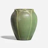 Hand-modeled production vase with overlapping leaves by attribution for Rookwood Pottery William E. Hentschel, sold Mar 2023