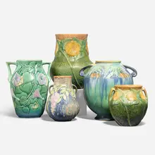 Roseville Pottery, Collection of five works, c. 1935, glazed earthenware