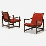 Edward Wormley, Lounge chairs model 609, pair, c. 1955, vinyl, ash, brass