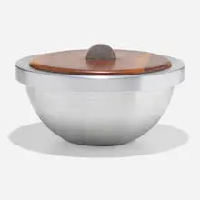 Thermo Dish, model 236 by Russel Wright, c. 1935, spun aluminum, walnut, sold Feb 2022