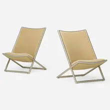 Ward Bennett, Scissor chairs, pair, 1968, brushed stainless steel, bouclé upholstery