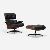 Charles and Ray Eames, 670 lounge chair and 671 ottoman, leather, rosewood plywood, enameled aluminum