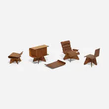 Yen Liang, Collection of models and drawings, c. 1950, mahogany, ash, upholstery, brass, ink on paper