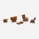 Yen Liang, Collection of models and drawings, c. 1950, mahogany, ash, upholstery, brass, ink on paper