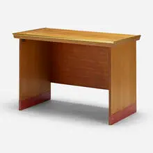Desk from Hillside House, Bartlesville, Oklahoma by Frank Lloyd Wright, 1953, mahogany, enameled steel, anodized aluminum, sold Feb 2022
