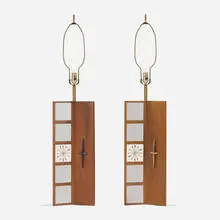 Table lamps, pair by Paul McCobb, c. 1957, walnut, glazed ceramic tiles, patinated and enameled brass, sold Feb 2022