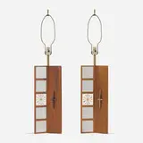 Paul McCobb, Table lamps, pair, c. 1957, walnut, glazed ceramic tiles, patinated and enameled brass