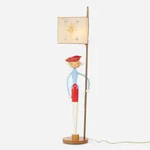 attribution Suzanne Bonnichon, Soldier floor lamp, c. 1960, enameled and gilt wood, birch, lacquered canvas, painted parchment
