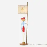 attribution Suzanne Bonnichon, Soldier floor lamp, c. 1960, enameled and gilt wood, birch, lacquered canvas, painted parchment