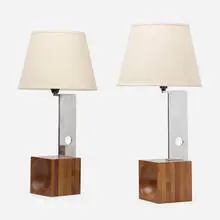 Angelo Brotto, Table lamps, pair, c. 1970, laminated and carved wood, polished aluminum, linen