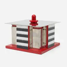 Gracieux Accueil lidded box by Nathalie du Pasquier, 1983, stainless steel, laminate over pressboard, lacquered wood, sold Jan 2022