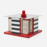 Nathalie du Pasquier, Gracieux Accueil lidded box, 1983, stainless steel, laminate over pressboard, lacquered wood