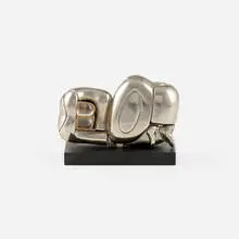 Mini Zoraida by Miguel Berrocal, 1969-1970, nickel-plated zamak, brass ring with moonstone, acrylic, sold Jan 2022