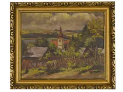 Bedřich Kohout, Church in the Village, 20th century, Oil on hardboard