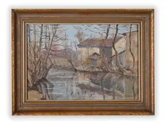 Houses Near the River by Jan Kozelka, Oil on cardboard, sold Oct 2020