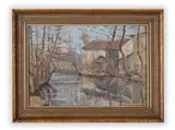 Jan Kozelka, Houses Near the River, Oil on cardboard