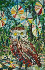 Guy Allott, His Edges (Owl), 2024, Öl auf Leinwand, mittig gestickt