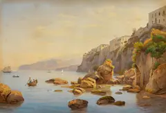 Salomon Corrodi, Blick auf die Bucht von Sorrent mit Booten und Segelschiffen, 1855, Aquarell auf Papier
