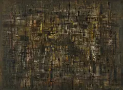 Ohne Titel by Karl Fred Dahmen, 1955, Mischtechnik auf Velin, aufgezogen auf Holzplatte. Montiert auf mit Jute bespannter Holzplatte, sold Sep 2024