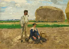 Hugo Mühlig, Vesper auf dem Feld in Nierst bei Lank, Öl auf Karton