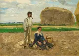 Hugo Mühlig, Vesper auf dem Feld in Nierst bei Lank, Öl auf Karton
