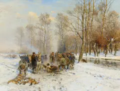 Nach der winterlichen Jagd by Hugo Mühlig, Öl auf Leinwand, sold Nov 2024