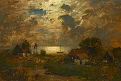 Louis Douzette, Mondnacht am See, Öl auf Karton