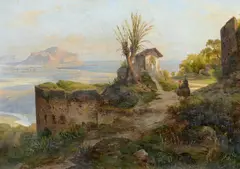 Carl Morgenstern, Blick auf die Bucht von Palermo mit dem Monte Pellegrino, Öl auf Leinwand