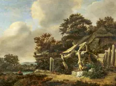 Cornelis Gerritsz Decker, Bauernkate am Fluss mit Angler, Öl auf Holz
