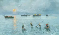 Attilio Pratella, Lagunen-Fischer bei Sonnenaufgang, Gouache auf Papier